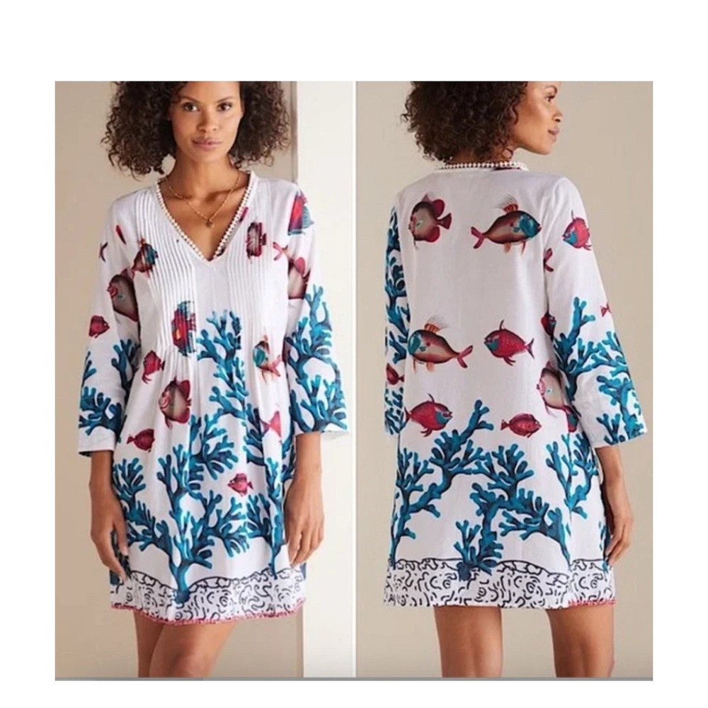 Soft Surroundings Plus Size Tunic Dress Seychelles Fish Coral 1X Beaded Hem